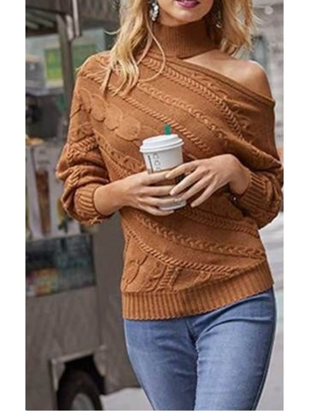 VENUS Asymmetrical Rust Sweater with Cable Knit Design